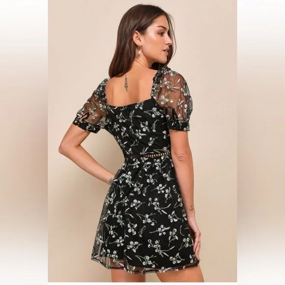Lulus NWT Radiant Love Black Embroidered Floral Cut Out Skater Mini Dress M - Picture 2 of 13